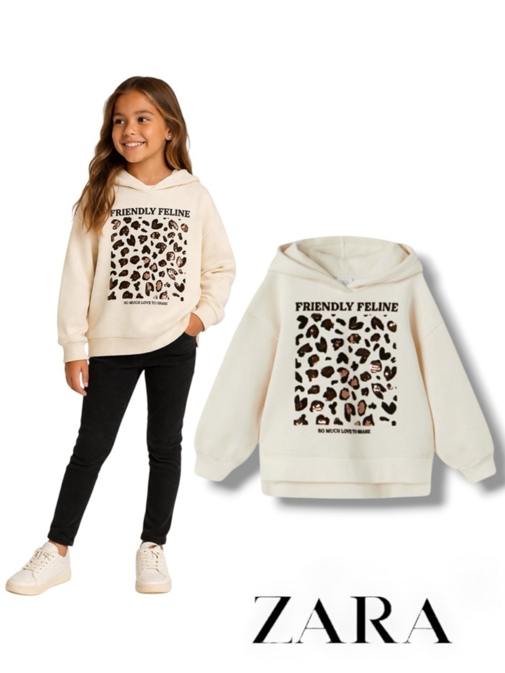 Zara Girls Cream Leopard Sequin Hoodie Sweatshirt Size 6 NWT